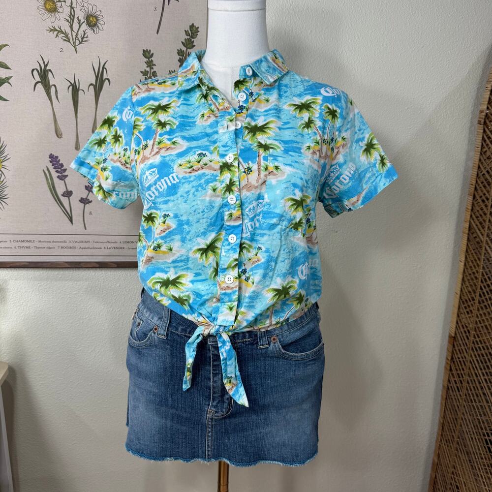Vintage 90s Y2k Corona Tie Front Palm Hawaiian Shirt Coastal Grandma Tropical M